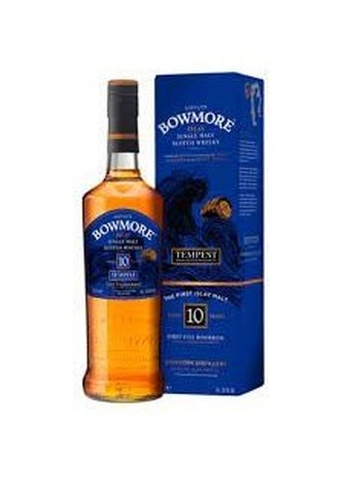Bowmore 10 Year Old Tempest Scotch Whisky bottle with blue packaging
