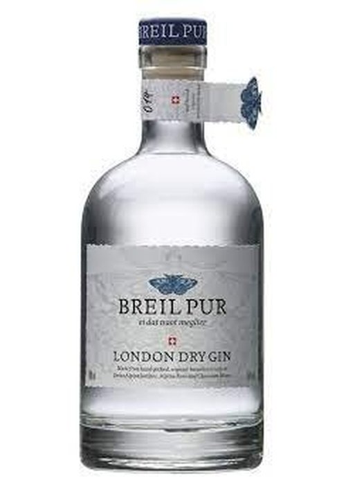Breil Pur London Dry Gin 700ml bottle with blue butterfly label and Swiss cross neck tag