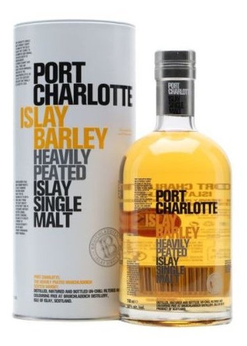 Bruichladdich Port Charlotte Islay Barley 2008 heavily peated single malt whisky bottle with tube