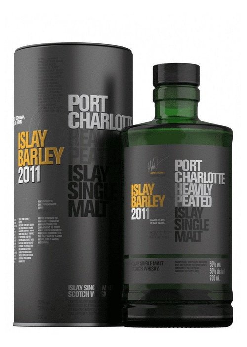 Bruichladdich Port Charlotte Islay Barley 2011 single malt whisky bottle and packaging with dark grey label