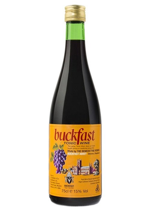 Buckfast 700ml fortified tonic wine bottle with yellow label and grape illustration