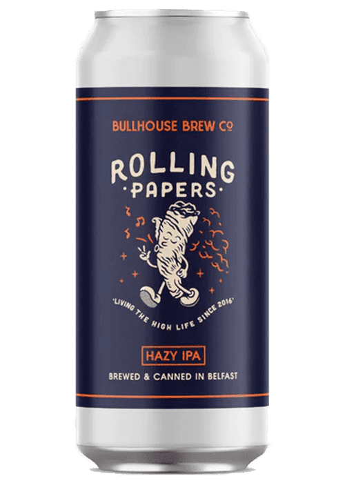 Bullhouse Rolling Papers Hazy IPA 440ml large can with navy label and cartoon walking paper character