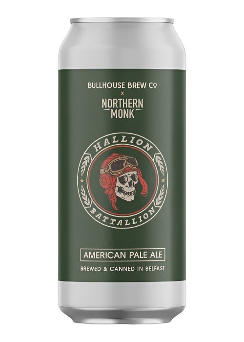Bullhouse X Northern Monk Hallion Battalion American Pale Ale 440ml silver can with skull logo