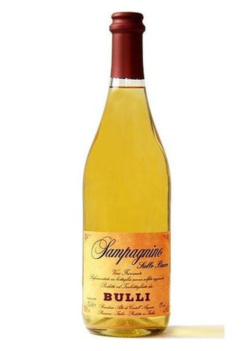 Bulli Sampagnino Bucco orange wine bottle with pale golden-orange liquid and red foil capsule