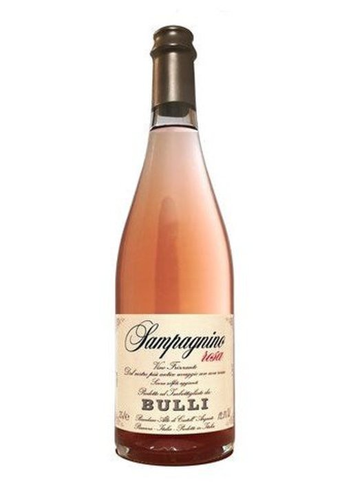 Bulli Sampagnino Rosa organic rosé wine bottle with cream label and pink liquid