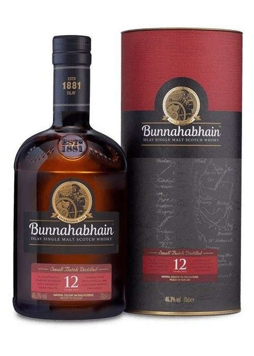 Bunnahabhain 12 Year Old Islay Single Malt Scotch Whisky bottle with cylindrical packaging