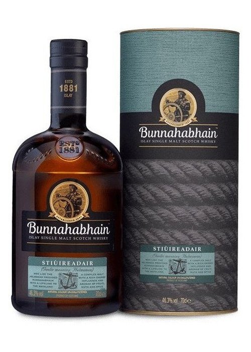 Bunnahabhain Stiùireadair Islay Single Malt Scotch Whisky 700ml bottle with teal and grey cylindrical packaging