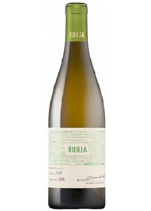 Burja Zelen Slovenian white wine bottle with green foil and gold liquid