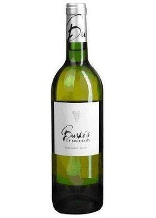 Burke's Of Bordeaux white wine bottle with silver foil cap and harp logo