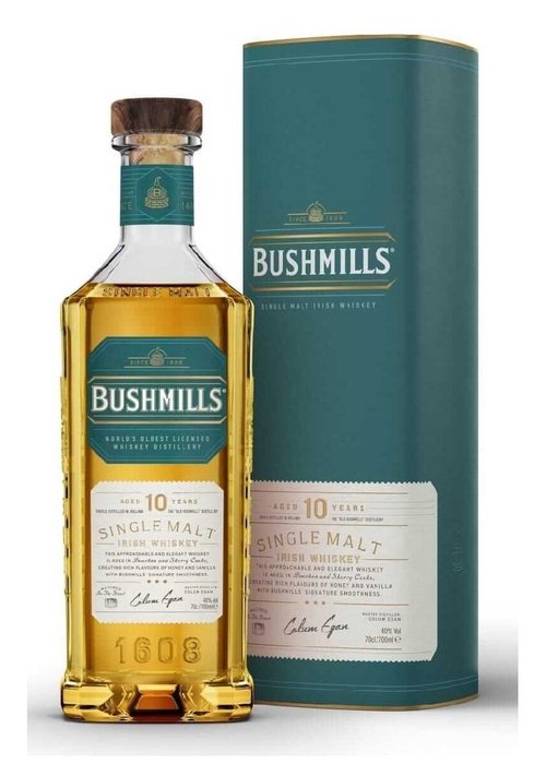 Bushmills 10 Year Old Single Malt Irish Whiskey bottle with teal packaging