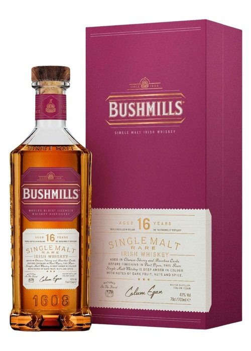 Bushmills 16 Year Old Single Malt Irish Whiskey bottle with maroon box and port pipe finish