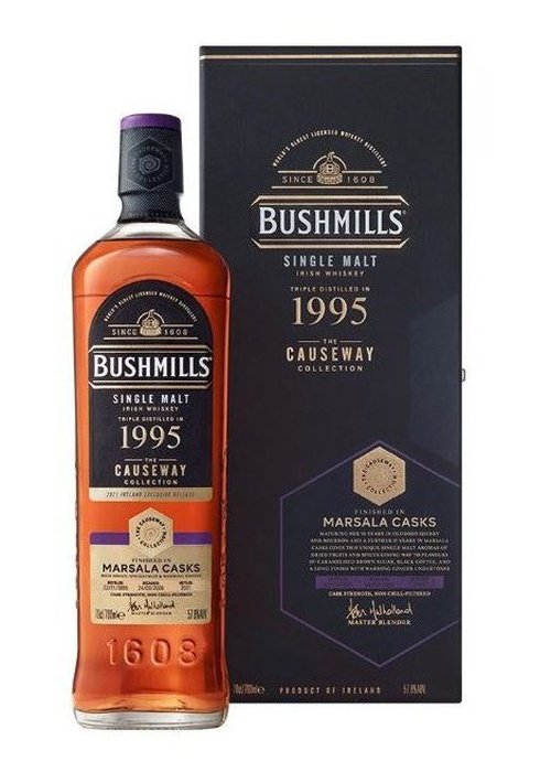 Bushmills 1995 Causeway Collection Marsala Cask Irish single malt whiskey bottle with black box packaging