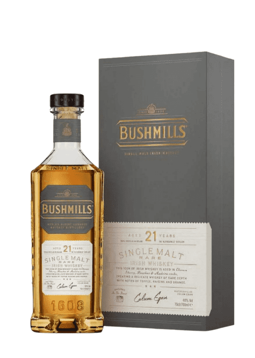 Bushmills 21 Year Old Single Malt Irish Whiskey bottle and box with gold lettering