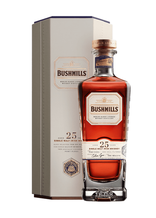 Bushmills 25 Year Old Single Malt Irish Whiskey bottle and box with port pipe finish
