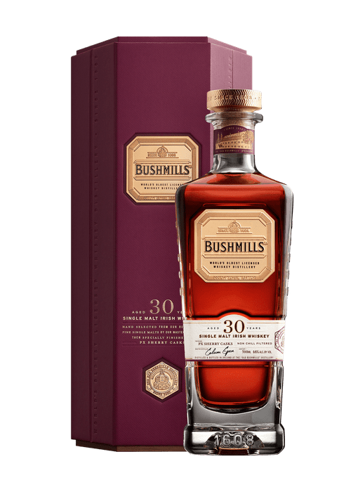 Bushmills 30 Year Old Single Malt Irish Whiskey bottle with maroon presentation box