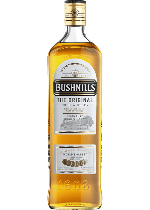 Bushmills 700ml Original Irish Whiskey bottle with gold foil cap and triple distilled label