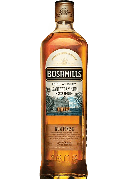 Bushmills Caribbean Rum Cask Finish Irish Whiskey 700ML bottle with gold cap and coastal label