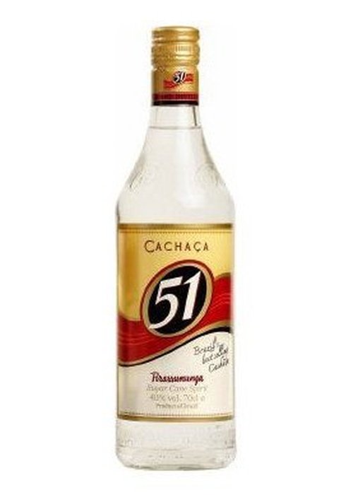 Cachaca 51 700mL sugar cane spirit bottle with gold cap and red wave label