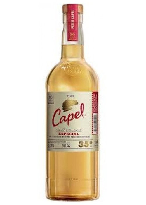 Capel Pisco Especial 700ml bottle with golden-amber liquid and red label