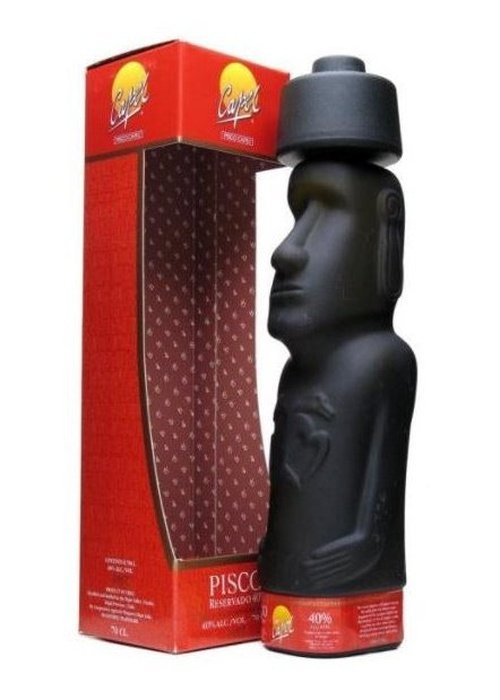 Capel Pisco Reservado 700ml black Moai statue bottle with red packaging