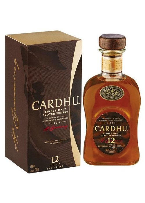 Cardhu 12 Year Old Single Malt Scotch Whisky bottle with gold foil neck label and brown packaging box