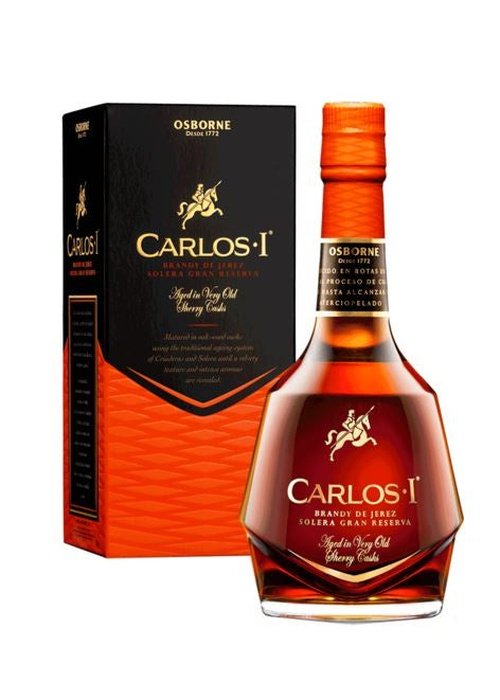 Carlos I Brandy de Jerez Solera Gran Reserva 700ml bottle and box with gold rider logo