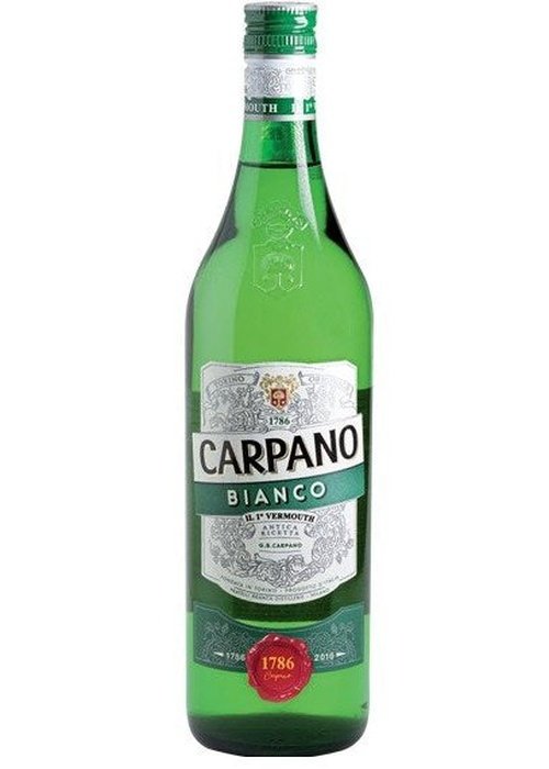 Carpano Bianco 1L vermouth bottle with light yellow liquid and ornate label