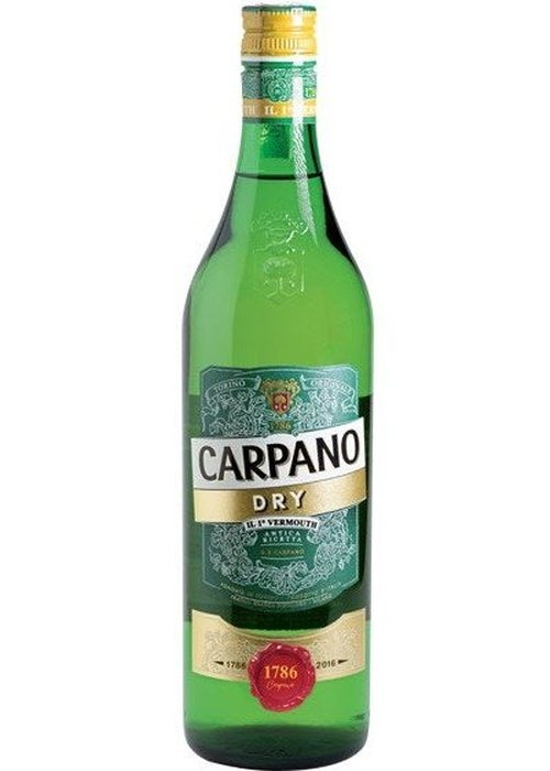 Carpano Dry Vermouth 1L green glass bottle with gold foil cap and ornate label