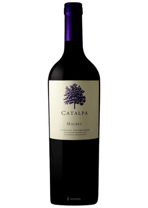 Catalpa Malbec red wine bottle with purple tree label from Mendoza Argentina