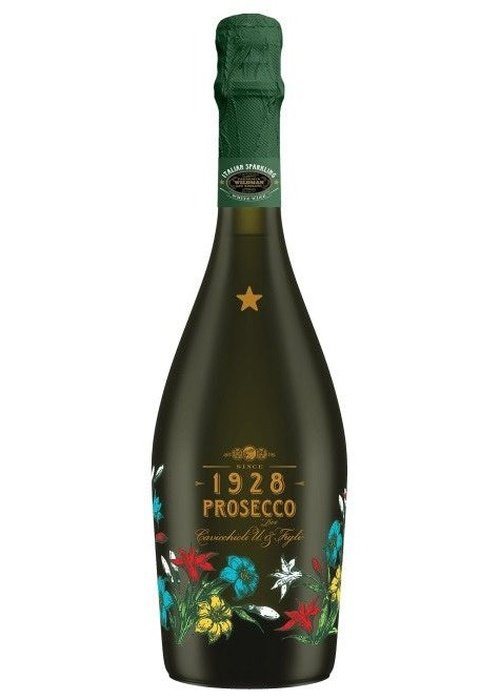 Cavicchioli 1928 Prosecco Spumante Extra Dry bottle with floral label and gold star