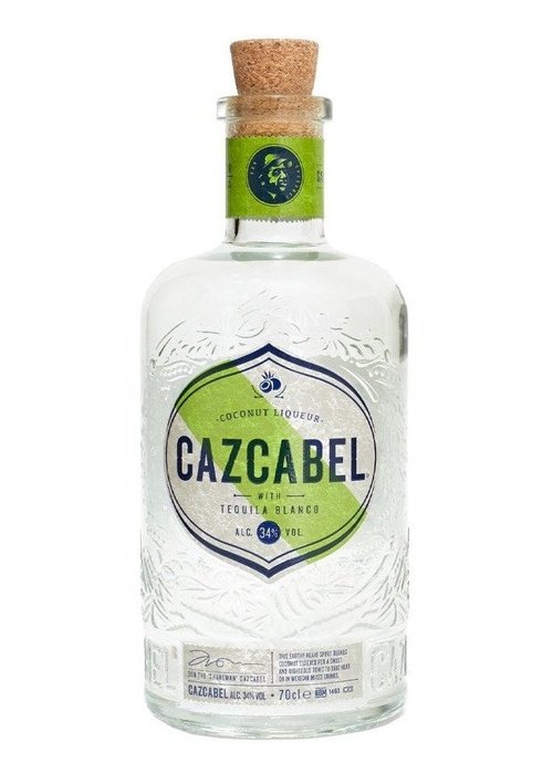Cazcabel Coconut Tequila 700ml bottle with green and white label, cork stopper, and floral glass design