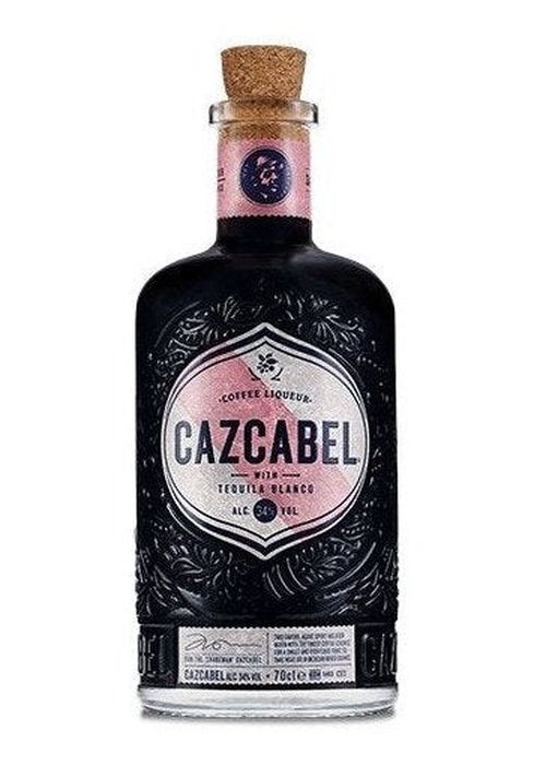 Cazcabel Coffee Tequila 700mL glass bottle with embossed floral design and cork stopper