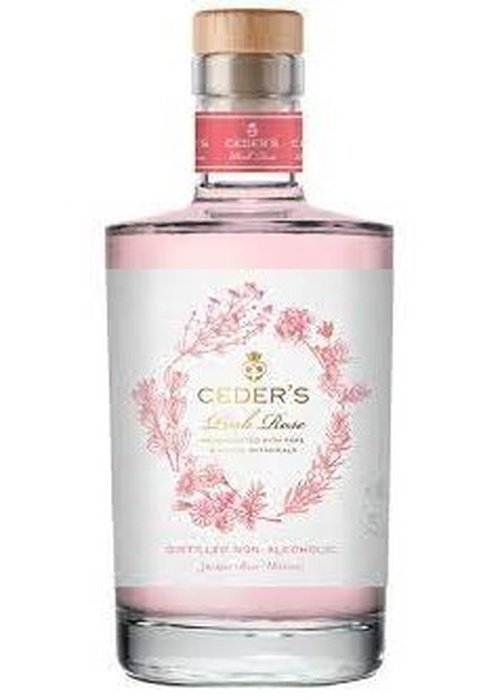 Ceder's Crisp Pink Rose non-alcoholic gin bottle with wooden cap and botanical label
