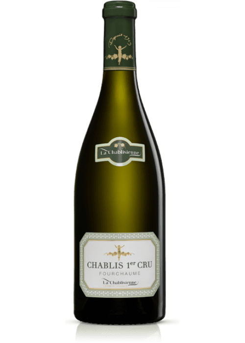 La Chablisienne Chablis 1er Cru Fourchaume white wine bottle with gold foil and cream label
