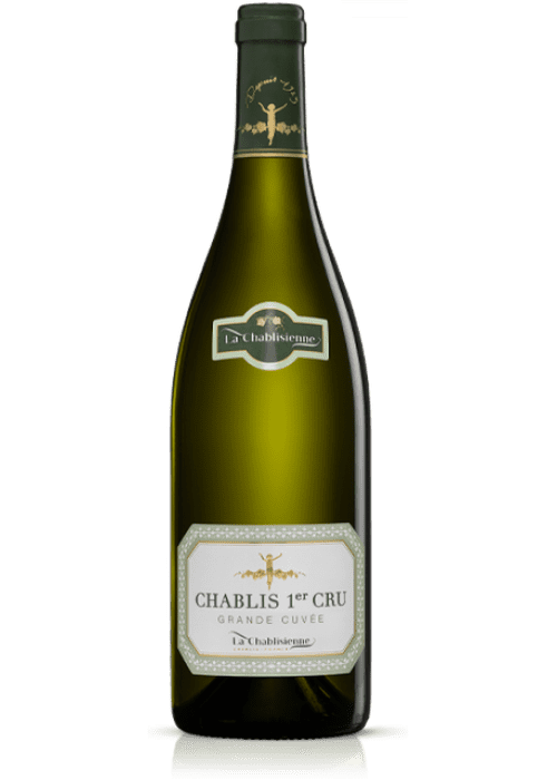 La Chablisienne Chablis 1er Cru Grande Cuvee white wine bottle with gold label