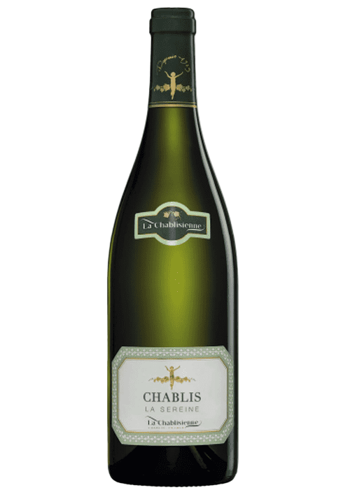 Chablis La Sereine white wine bottle with gold label and green glass
