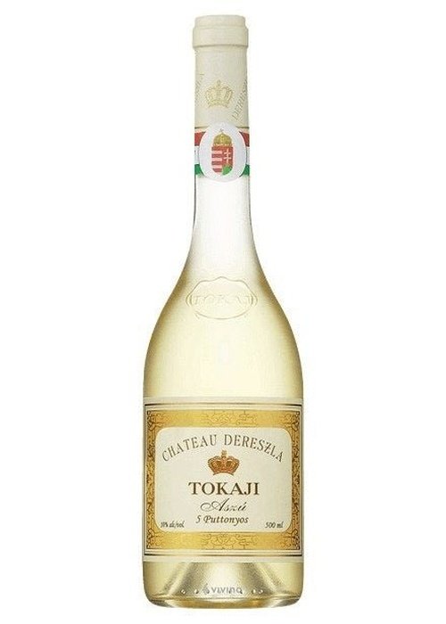 Chateau Dereszla Tokaji Aszu 5 Puttonyos 500ml golden dessert wine bottle with cream label and gold foil