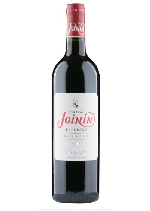 Chateau Jonin Bordeaux red wine bottle 2015 with white label and red foil capsule