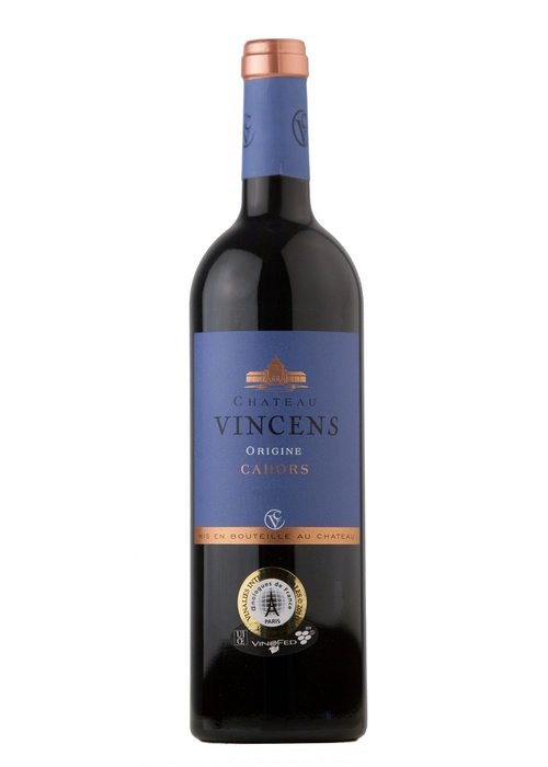 Chateau Vincens Cahors Origine red wine bottle with blue label and gold foil cap