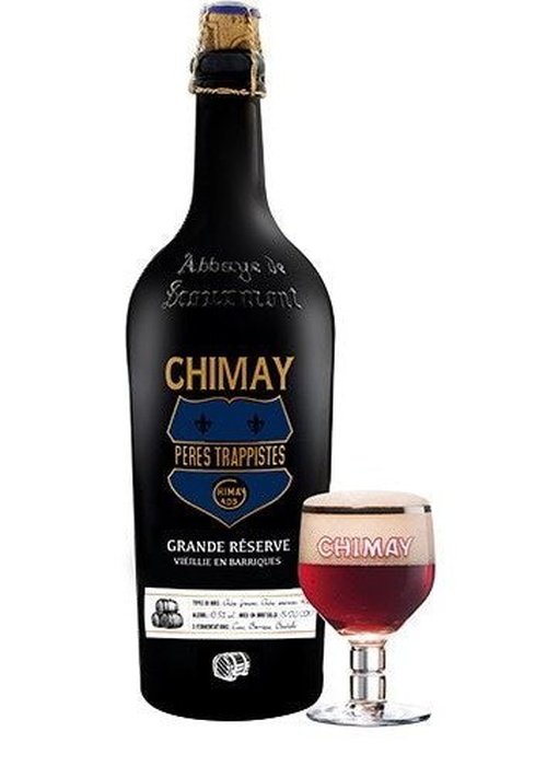 Chimay Grande Réserve barrel-aged Trappist beer in black bottle with cork and blue foil cap