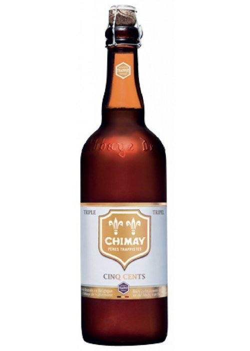 Chimay White Cinq Cents 750ml Trappist beer bottle with swing-top cork and gold shield label