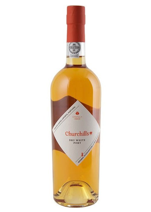 Churchills Dry White Port bottle with amber-gold liquid and diamond label