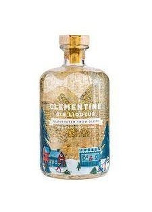 Clementine Gin Liqueur Illuminated Snow Globe 700ML bottle with golden glitter and winter scene label