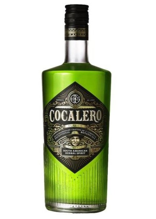 Cocalero Clasico 700ml green glass bottle with diamond label showing South American herbal spirit
