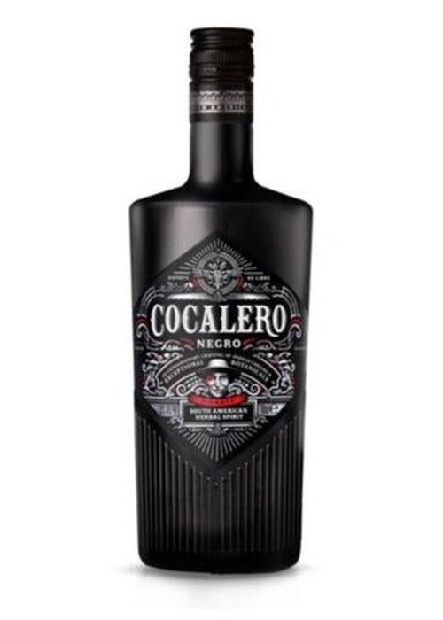Cocalero Negro black glass bottle of South American herbal spirit with ornate silver and red label