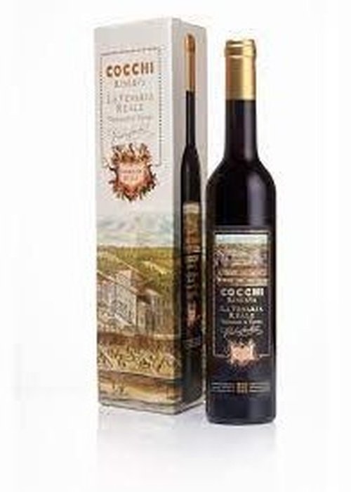 Cocchi Riserva La Venaria Real 500ml Vermouth bottle with gold cap beside vintage illustrated box