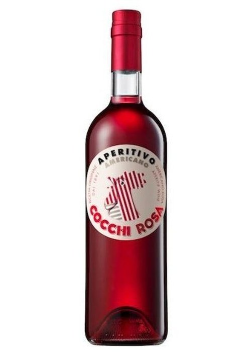 Cocchi Rosa Americano 750ml aromatized wine bottle with red liquid and zebra label