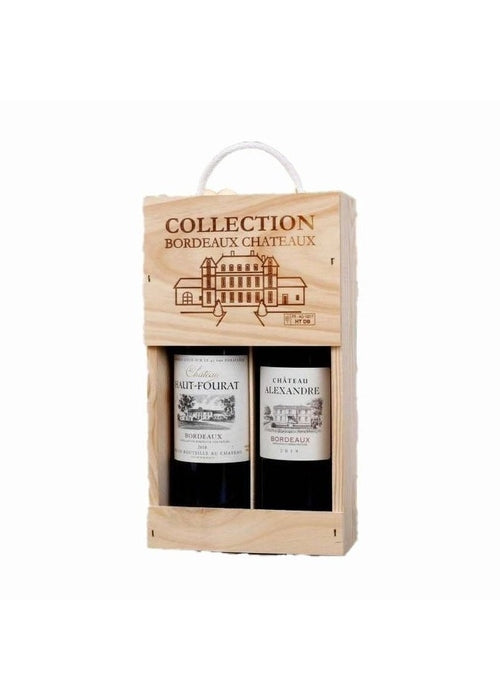 Wooden twin-pack gift box with two red Bordeaux wine bottles Château Haut-Fourat 2018 and Château Alexandre 2019