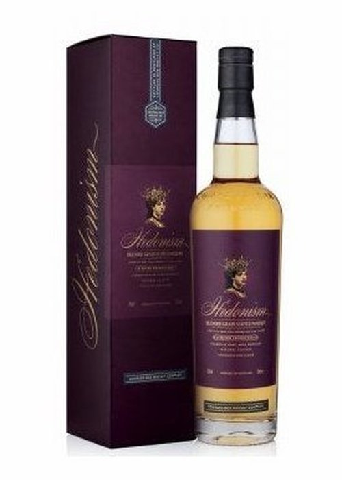 Compass Box Hedonism Blended Grain Whisky 700ml bottle with purple label and gold text beside matching box