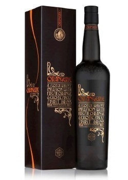 Compass Box Orangerie Scotch whisky infusion 700ml bottle and black gift box with gold orange label